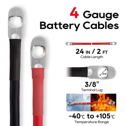 TOPDC 4 AWG Battery Cable 24-Inch Battery Inverter Cables Set All Copper Conductor Wire with 3/8" Ring Terminals (4 Gauge x 24 Inches) for Car Truck RV Solar, Replacement Parts & Accessories