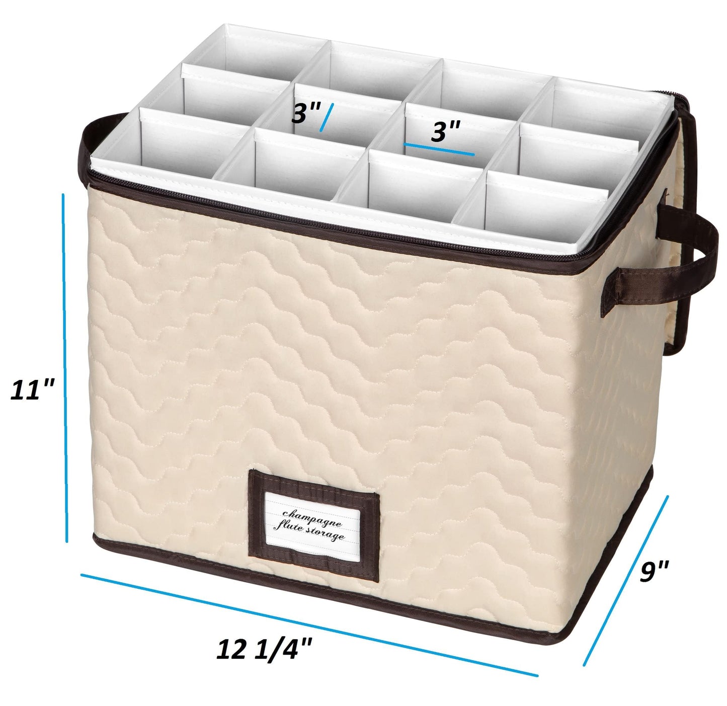 Champagne Flute Glass Storage Box with Dividers - Holds 12 Champagne Flute Glass up to 3" Wide - Stemware Storage Case - Protects Fine China - Durable Quilted Microfiber Bin with Carry Handles