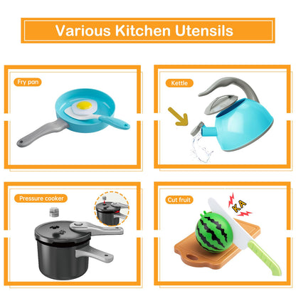 130Pcs Kitchen Playset, Toddler Pretend Cooking Play Pots, Pans, Utensils Cookware, Daily Food Fruit Veges, Shopping Storage Basket, Dessert, Prop Money, Learning Gift for Child (Turquoise)