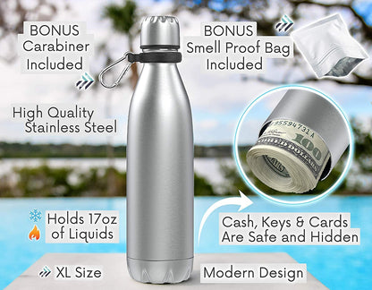 Travah Stainless Steel Diversion Water Bottle with Hidden Storage for Valuables - Insulated, Leakproof and BPA Free - 17oz (Light Blue)