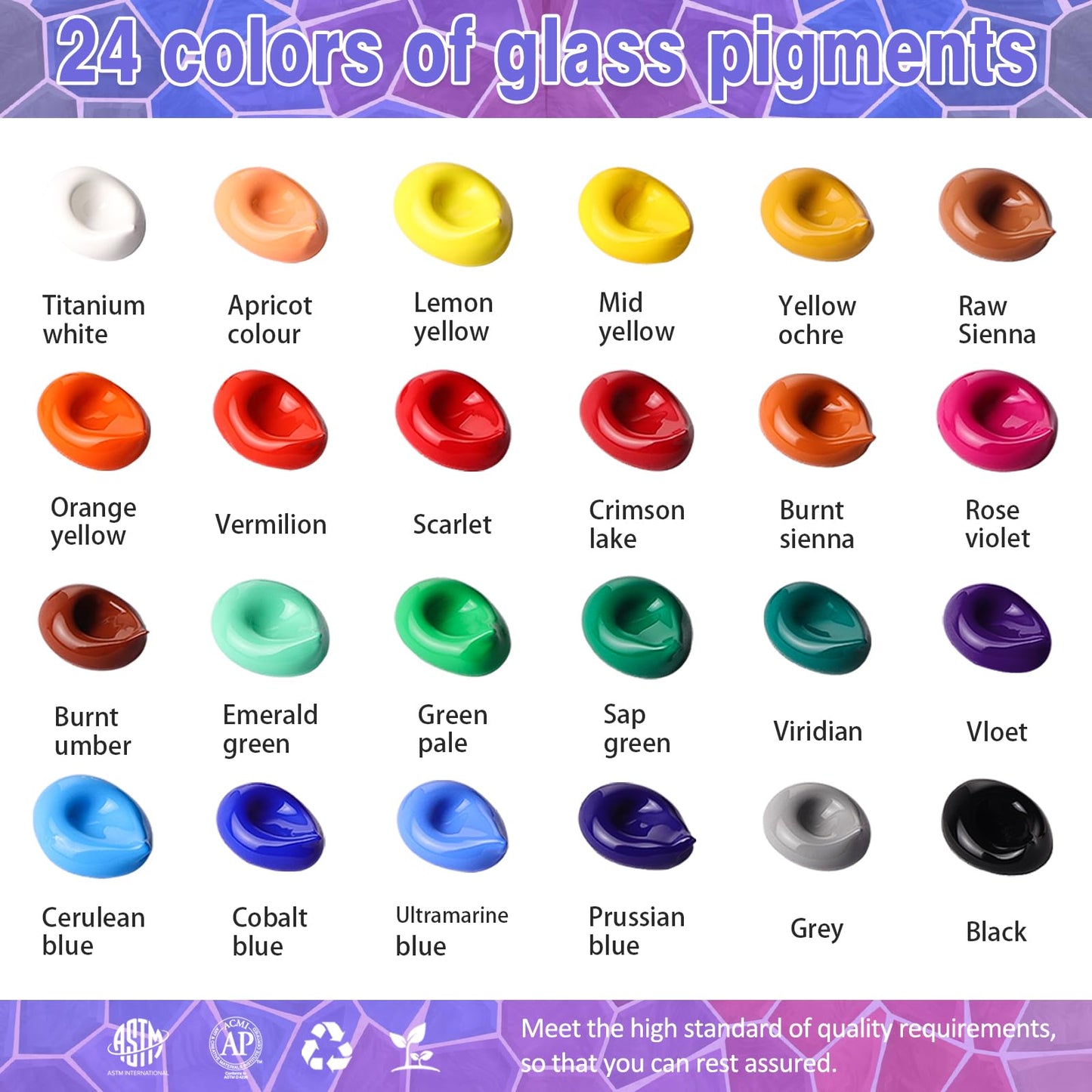 Colorful Stain Glass Paint Set with 6 Brushes, 1 Palette, 24 Color Waterproof Acrylic Enamel Painting Kit for Kids to Arts on Transparent Wine Glasses, Light Bulbs, Windows and Ceramics