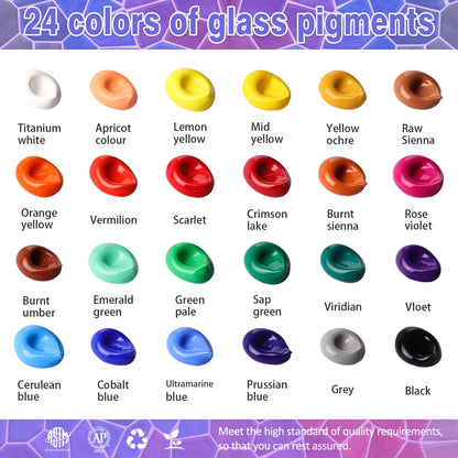 Colorful Stain Glass Paint Set with 6 Brushes, 1 Palette, 24 Color Waterproof Acrylic Enamel Painting Kit for Kids to Arts on Transparent Wine Glasses, Light Bulbs, Windows and Ceramics