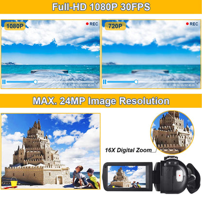 Video Camera Camcorder Full HD 1080P 30FPS 24.0 MP IR Night Vision Vlogging Camera Recorder 3.0 Inch IPS Screen 16X Zoom Camcorders Camera Remote Control with 2 Batteries