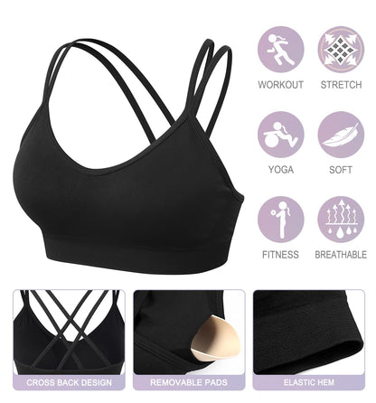 3 Pack Strappy Women Sports Bras Crisscross Back Medium Impact Workout Running Yoga Bra with Padded Removal Cups