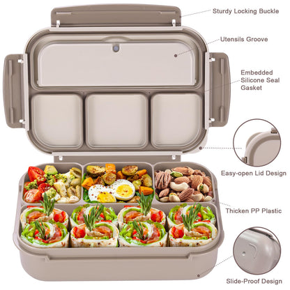 Bento Box Adult Lunch Box, Containers for Adults Men Women with 4 Compartments, Lunchable Food Container with Utensils, Sauce Jar, Muffin Liners, 40 Oz/5 Cup, Microwave & Dishwasher Safe, Brown
