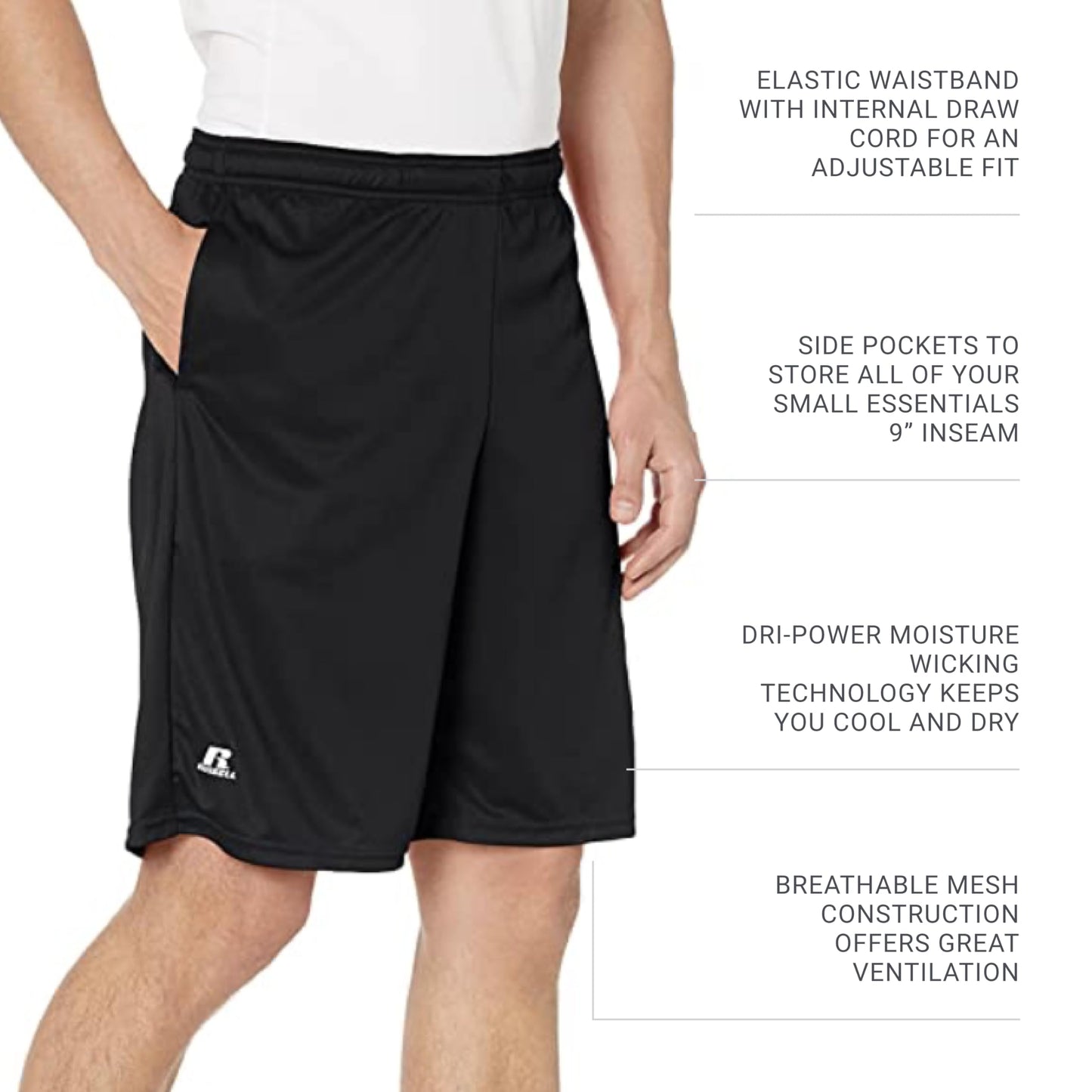 Russell Athletic Men's Dri-Power Performance Short with Pockets Shorts, Black, XXL