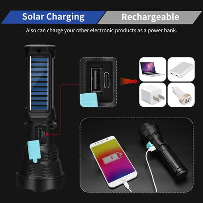 VOETIR Led Solar Flashlight, 1500 Lumens Led Solar Handheld Rechargeable Flashlights with IP65 Waterproof, 2000mAh Battery for Survival Emergencies Camping (1 Pack)