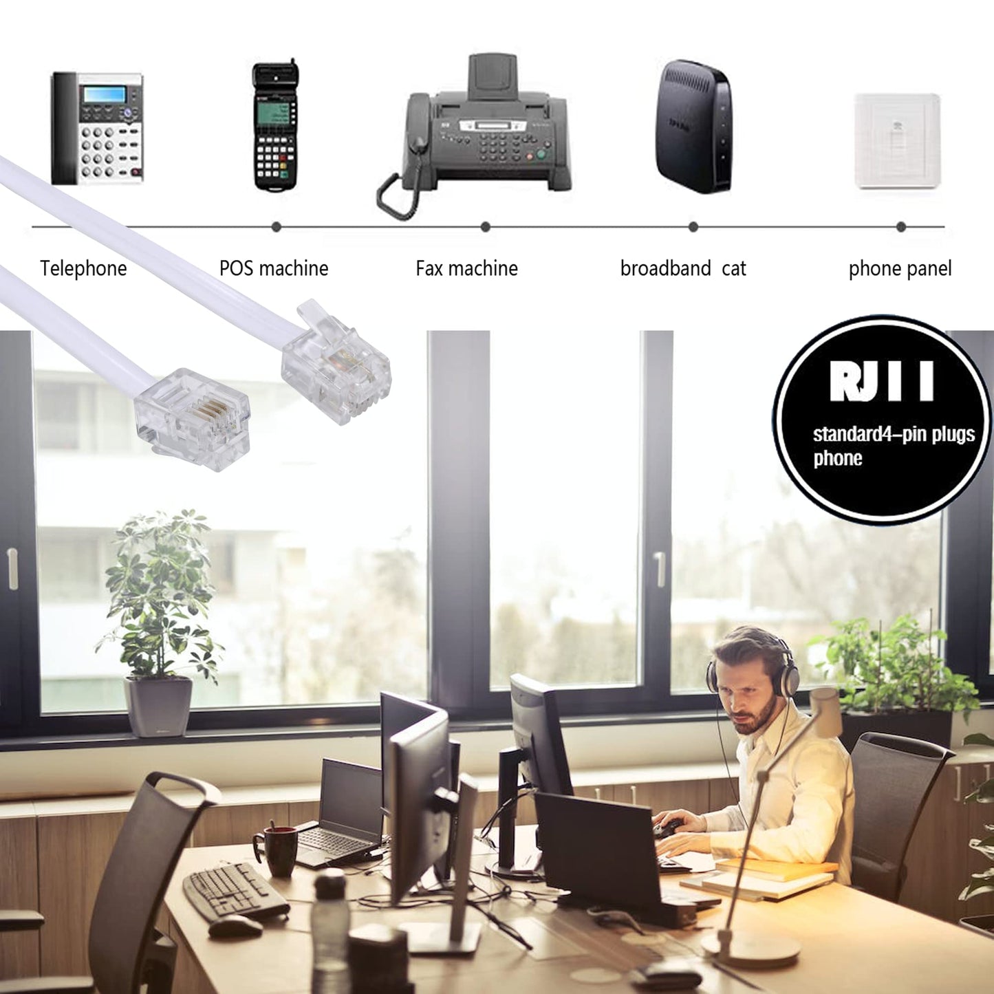 Ubramac 15 Feet Long Telephone Extension Cord Phone Cable Line Wire, with Standard RJ11 Plug and 1 in-Line Couplers and 15 Cable Clip Holders-White