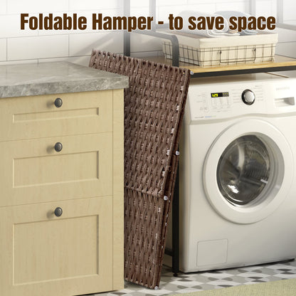 Greenstell Laundry Hamper with Wheels, No Install Needed, 110L Divided Handwoven Hampers & 2 Removable Liner Bags, Rattan Clothes Laundry Basket with Lid & Handles, Foldable Hampers Brown 22x13x26.4In