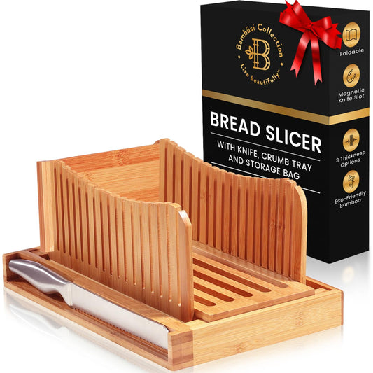 BAMBUSI Bread Slicer for Homemade Bread - Bamboo Bread Cutter with Knife, Foldable Slicing Guide, Crumb Tray - Compact Bread Loaf Slicer for Cakes, Bagels, Loaves - Kitchen Gadget, Baking Tool & Gift