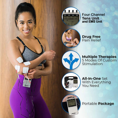 Roscoe Medical TENS Unit and EMS Muscle Stimulator - 4-Channel OTC TENS Machine for Back Pain Relief, Lower Back Pain Relief, Neck Pain, Includes Case, Pain Relief, Muscle Recovery