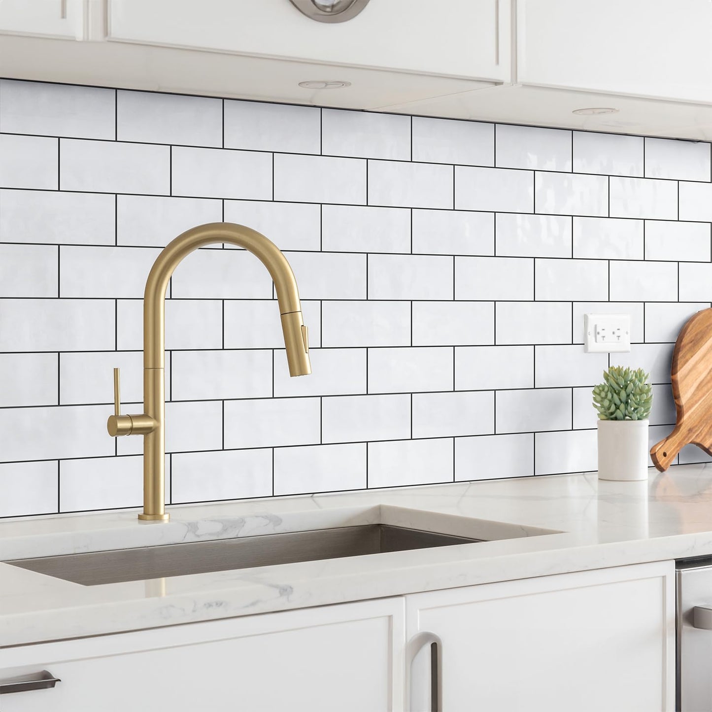 StyloVue 100 Pieces Peel and Stick Backsplash for Kitchen, 3" x 6" PVC Subway Tile 2025 Upgraded Glossy White with Dark Gray Grout Backsplash Stick on Tile Elevate Kitchen, Bathroom, Fireplace,RV