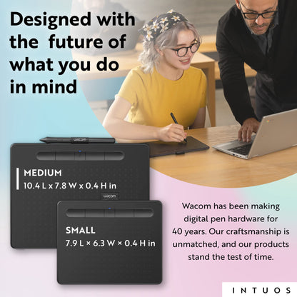 Wacom Intuos Medium Bluetooth Graphics Drawing Tablet, Portable for Teachers, Students and Creators, 4 Customizable ExpressKeys, Compatible with Chromebook Mac OS Android and Windows - Black
