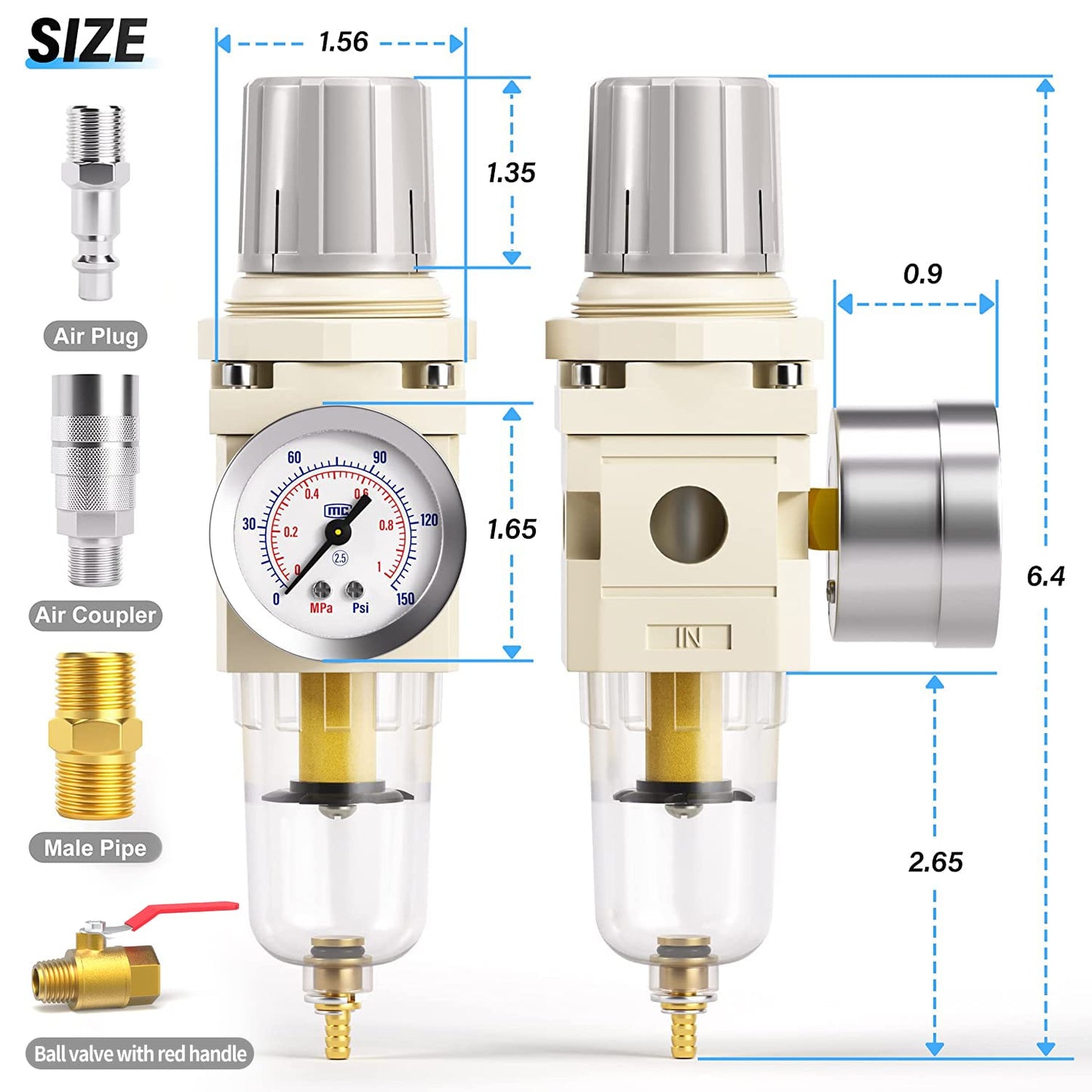 TAILONZ PNEUMATIC 1/4 Inch NPT Air Filter Pressure Regulator Combo Piggyback, 5 Micron Brass Element Air Tool Compressor Filter with Gauge AW2000-02,with Red Handle Ball Valve