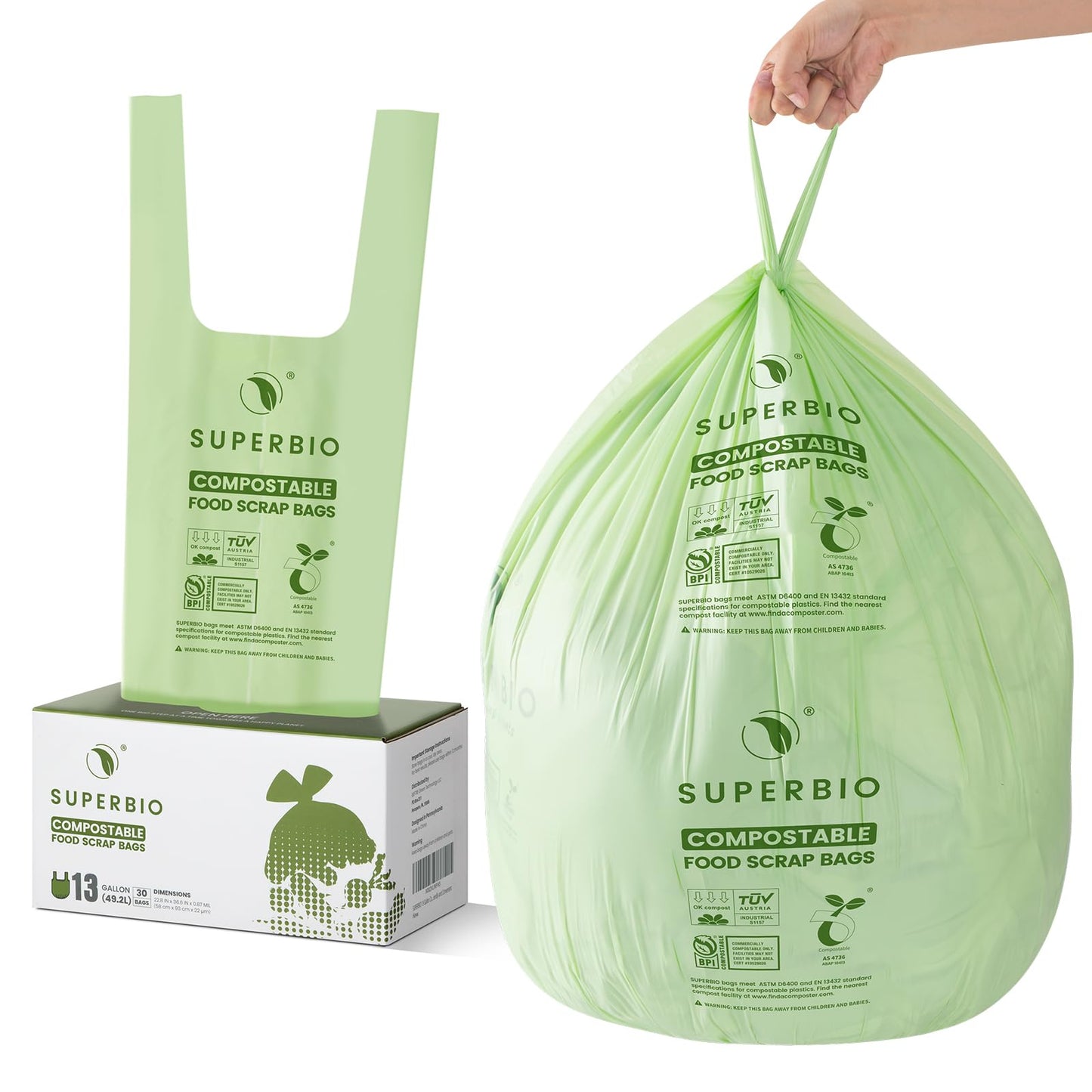 SUPERBIO 13 Gallon Compostable Kitchen Waste Bags with Handles, Food Scrap Bags Certified by BPI, OK compost INDUSTRIAL, 30 Count, 49.2L