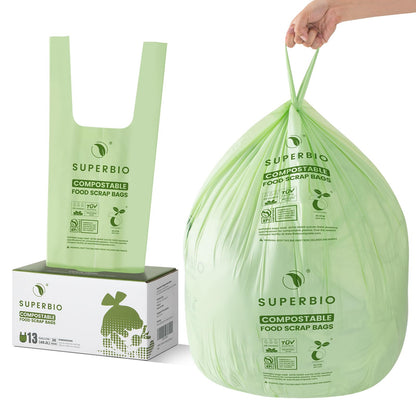 SUPERBIO 13 Gallon Compostable Kitchen Waste Bags with Handles, Food Scrap Bags Certified by BPI, OK compost INDUSTRIAL, 30 Count, 49.2L