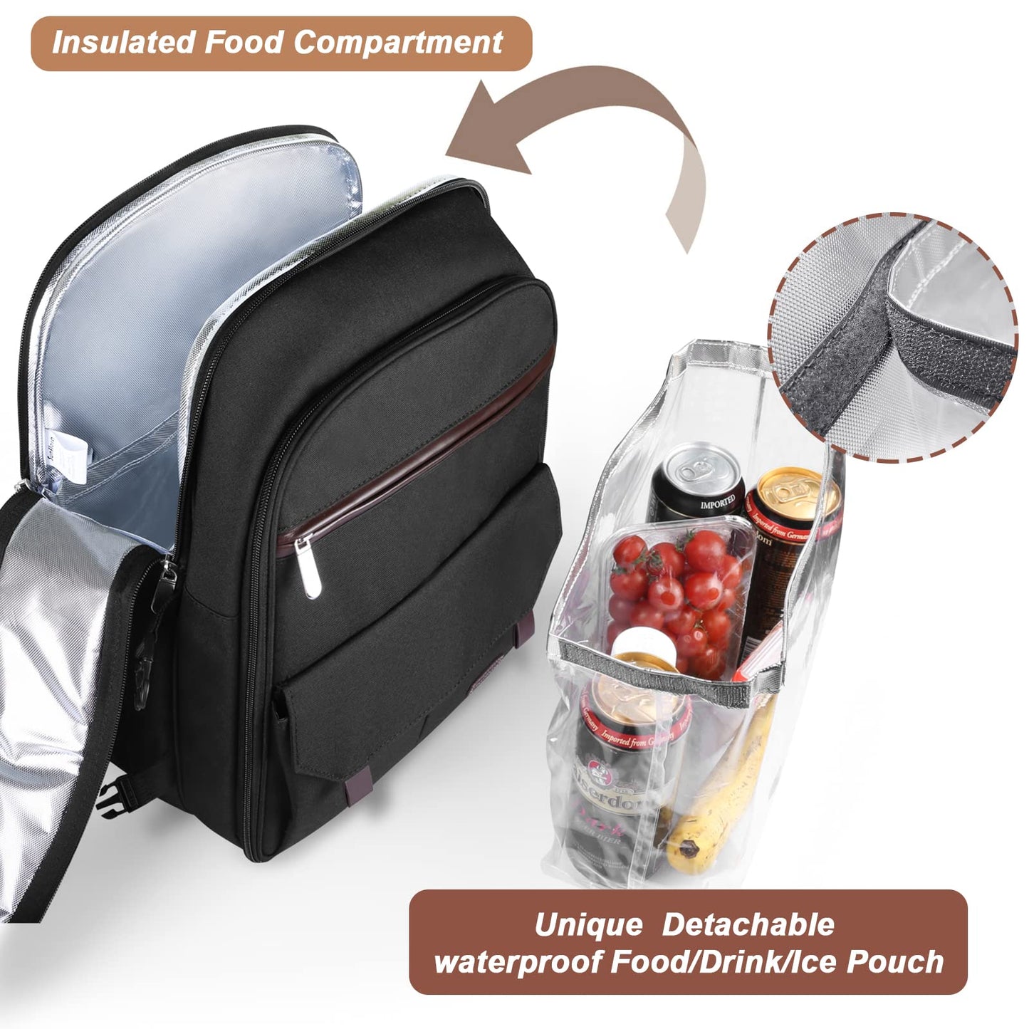 Sunflora Insulated Picnic Backpack for 2 Person Bag with Cooler Compartment, Wine Pouch, Blanket and Stainless Steel Cutlery Set for Couple, Lovers and Friends (Black)