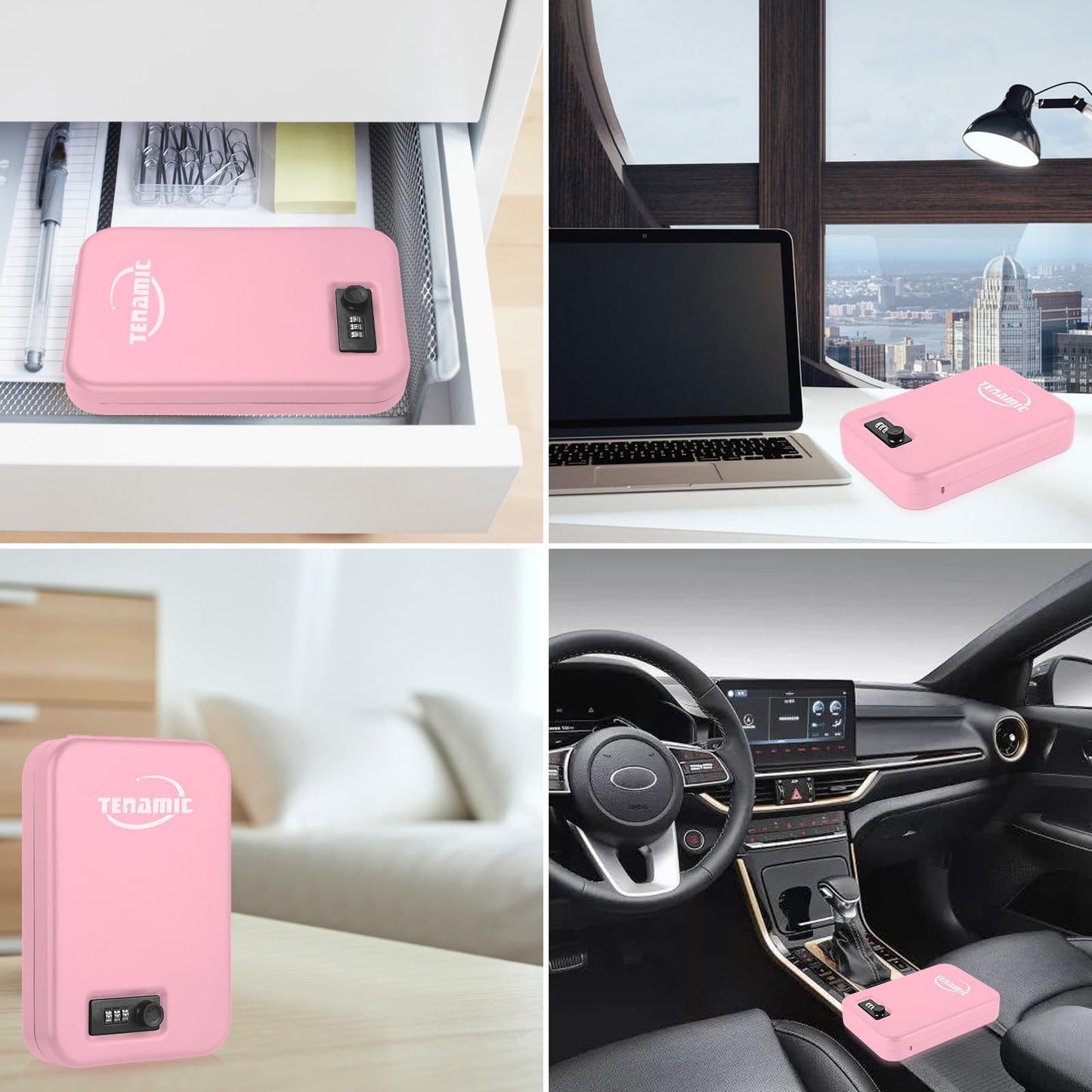TENAMIC Pistol Safe, Portable Travel Gun Safe, Solid Steel Handgun Lock Box for Home, Gun Safes for Car, Pink
