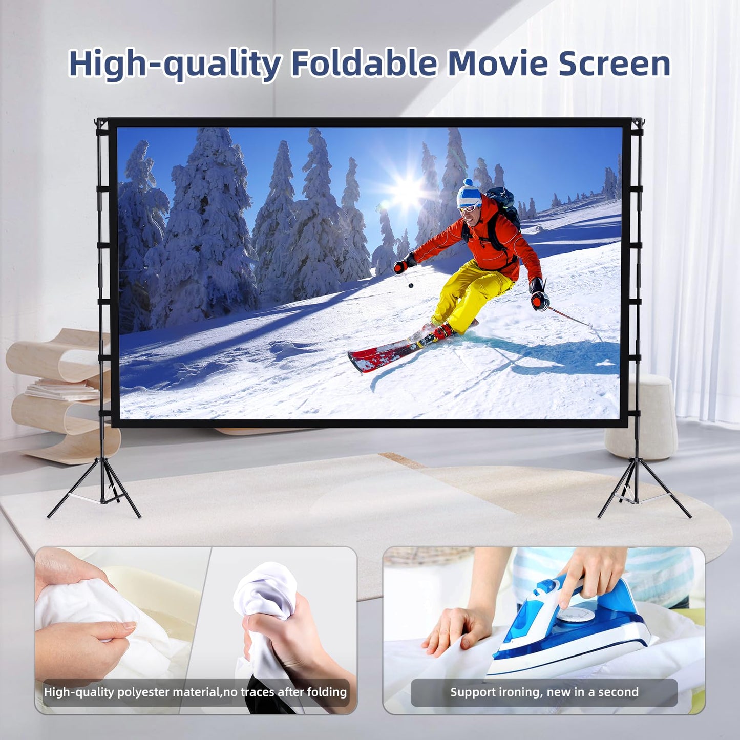 Projector Screen Outdoor, Vamvo Projector Screen with Stand Portable 120" Foldable ProjectorScreen, 10 Feet Indoor Movie-Screen with Carrying Bag for Home Theater Backyard Movie Night