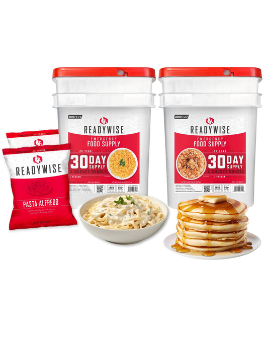 ReadyWise 30 Day Emergency Food Supply - 296 Servings, 2 Buckets, Freeze Dried Protein Meals, Survival Food Storage, Ready to Eat, Backpacking & Camping Essentials, up to 25 Year Shelf Life