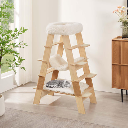 unipaws Pyramid Cat Tree, 5-Level Wooden Cat Ladder, Sturdy Tall Cat Climbing Tower with Cozy Hammock for Kittens and Indoor Cats