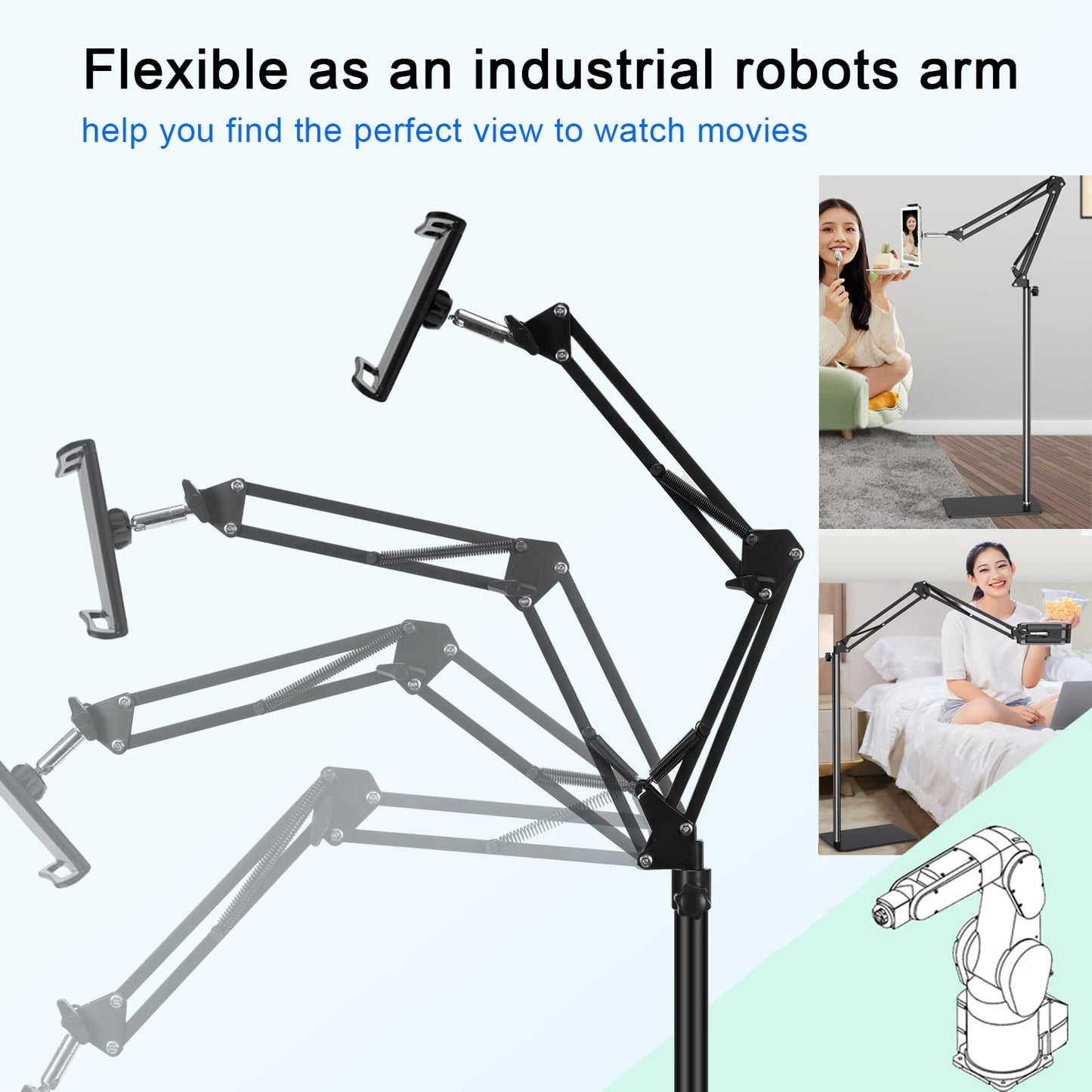 Tablet Floor Stand with Heavy Duty Base, Overhead Bed phone Stand Angle Height Adjustable Arm Stretchable Stand Holder, Compatible with iPad Mini Air Pro, Galaxy Tab, Kindle, E-Readers,Cell Phones