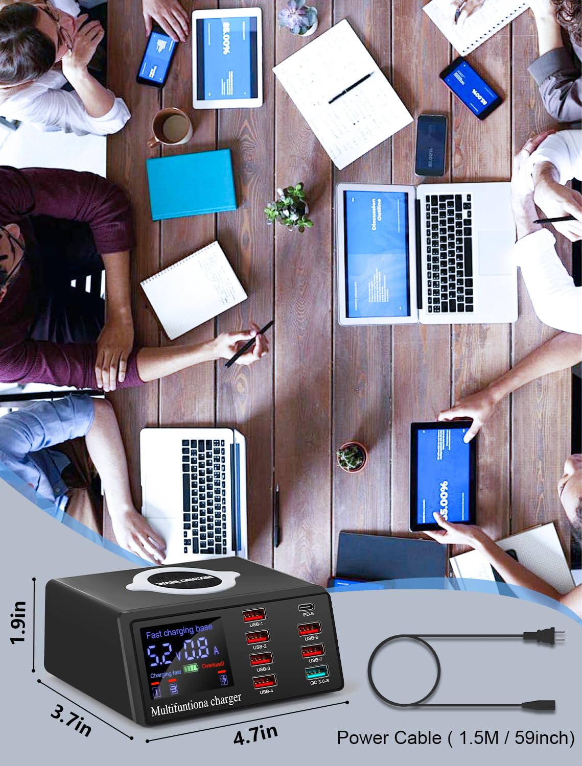 WANLONGXIN 100W 8-Port USB Qi Wireless Charging Station, QC3.0/PD Fast Charge for Phones Tablets USB Tools, Multi-Device Smart IC Desktop Organizer Hub