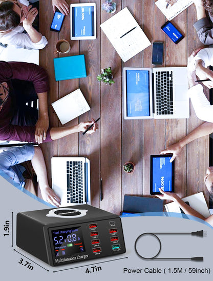 WANLONGXIN 100W 8-Port USB Qi Wireless Charging Station, QC3.0/PD Fast Charge for Phones Tablets USB Tools, Multi-Device Smart IC Desktop Organizer Hub
