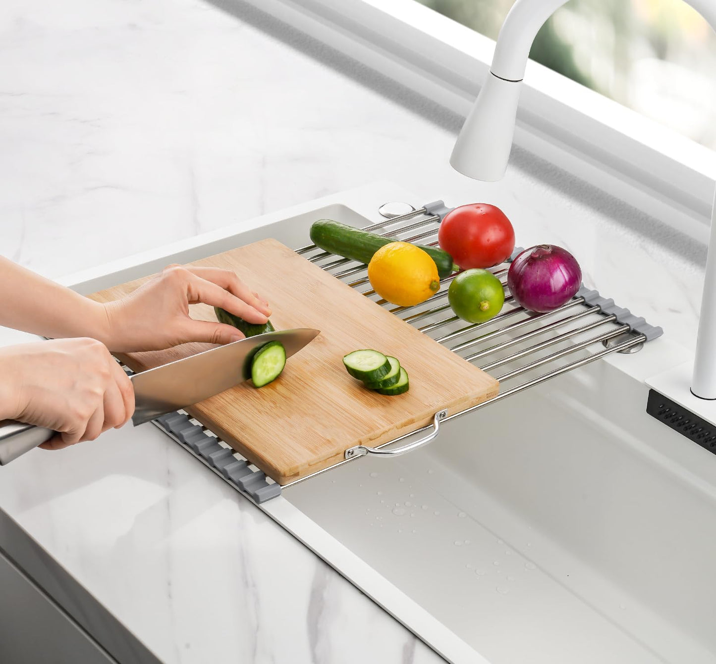 Tomorotec 17.7" x 12.5" Roll Up Dish Drying Rack Over Sink Drying Rack Sink Cover Kitchen Sink Accessories Gadget Multipurpose Organizer Foldable Stainless Steel Drainer