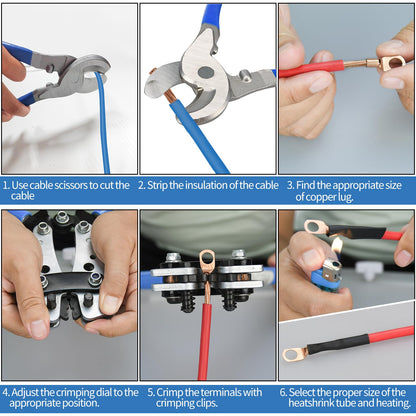 Cable Lug Crimping Tool with 170pcs Copper Wire Lugs, Wire Crimping Tool for AWG 10-1/0 Electrical Lug Crimper, with Cable Cutter, 210pcs Dual Wall Adhesive Heat Shrink Tubing