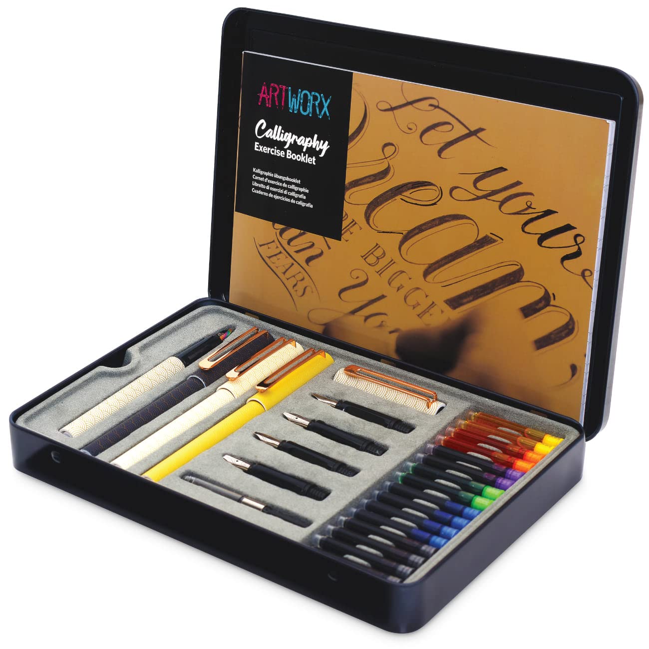 Artworx Calligraphy Pens Set - Introductory Caligraphy Writing & Hand Lettering Kit - Includes Instructions, Guide Book and Practice Book - Calligraphy Set For Beginners