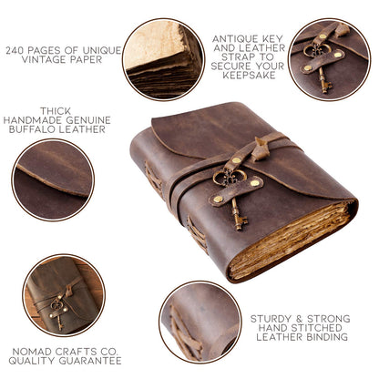 Vintage Leather Journal - Antique Handmade Deckle Edge Vintage Paper Leather Bound Journal - Book of Shadows Journal - Leather Sketchbook - Drawing Journal - Great Gift (Vintage Brown, 9"x6")