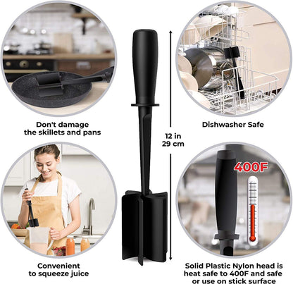 Professional Heat Resistant Ground Beef/Hamburger/Potato Masher | Nylon Ground Beef Chopper Tool | Hambuger Smasher Safe for Non-Stick Cookware (black)