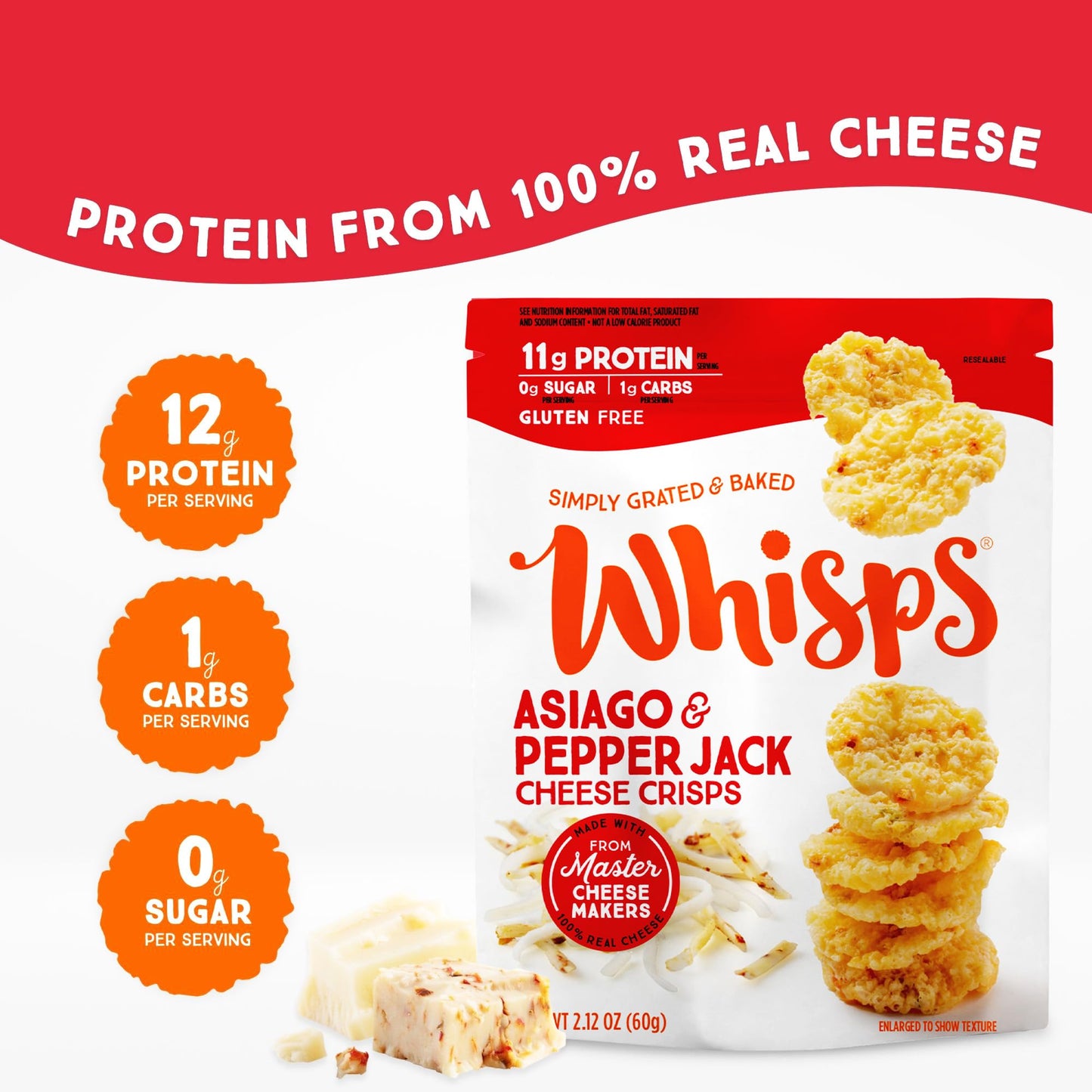 Whisps Cheese Crisps Asiago & Pepper Jack | Protein Chips | Healthy Snacks | Protein Snacks, Gluten Free, High Protein, Low Carb Keto Food (2.12 Oz, 6 Pack)