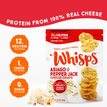 Whisps Cheese Crisps Asiago & Pepper Jack | Protein Chips | Healthy Snacks | Protein Snacks, Gluten Free, High Protein, Low Carb Keto Food (2.12 Oz, 6 Pack)