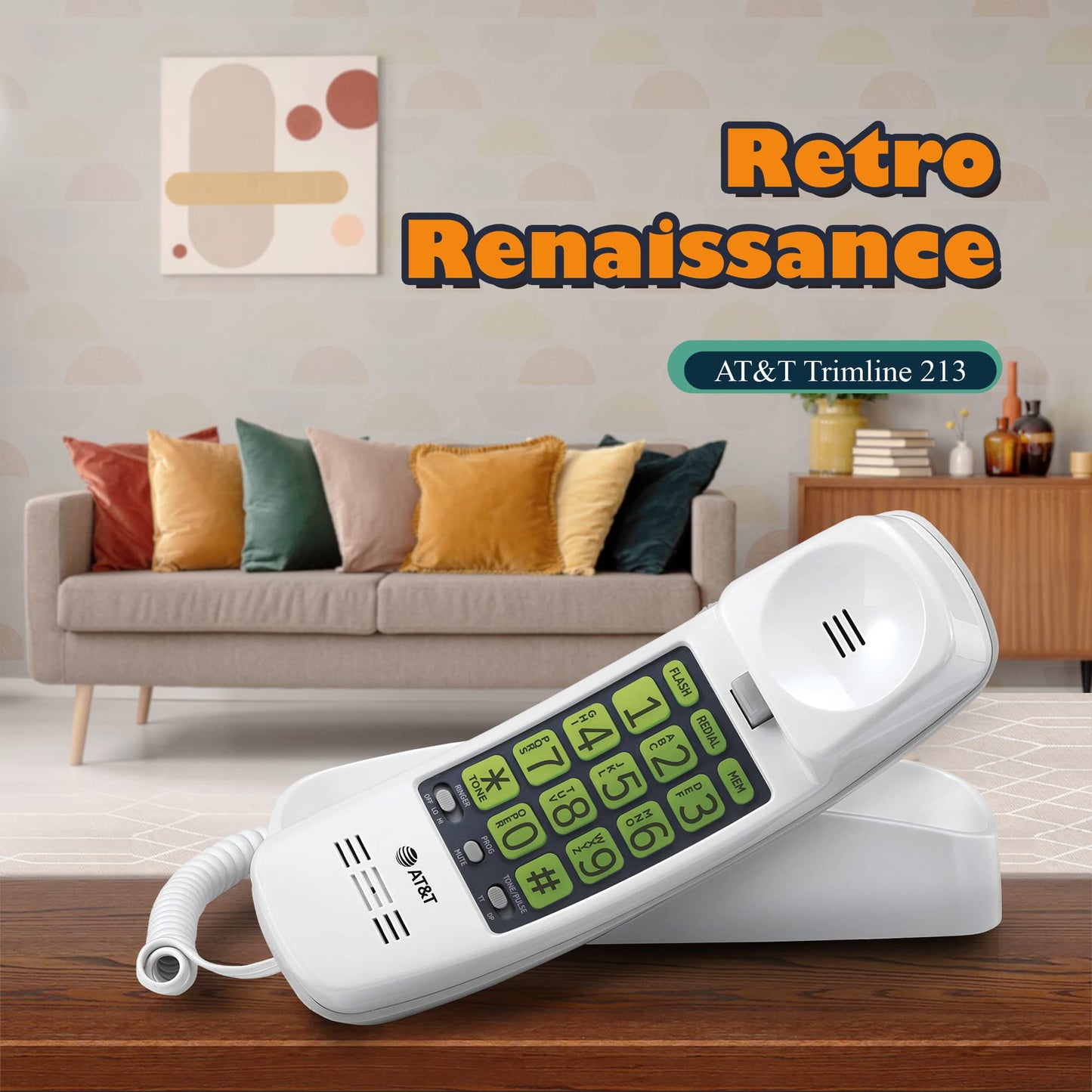 AT&T TRIMLINE 213 Corded Home Phone with Extra Big Buttons & Visual Ringer. No AC Power Required, Improved Easy-Wall-Mount, Lighted Keypad, 10 Speed Dial Keys, Volume Control, Senior Friendly. White