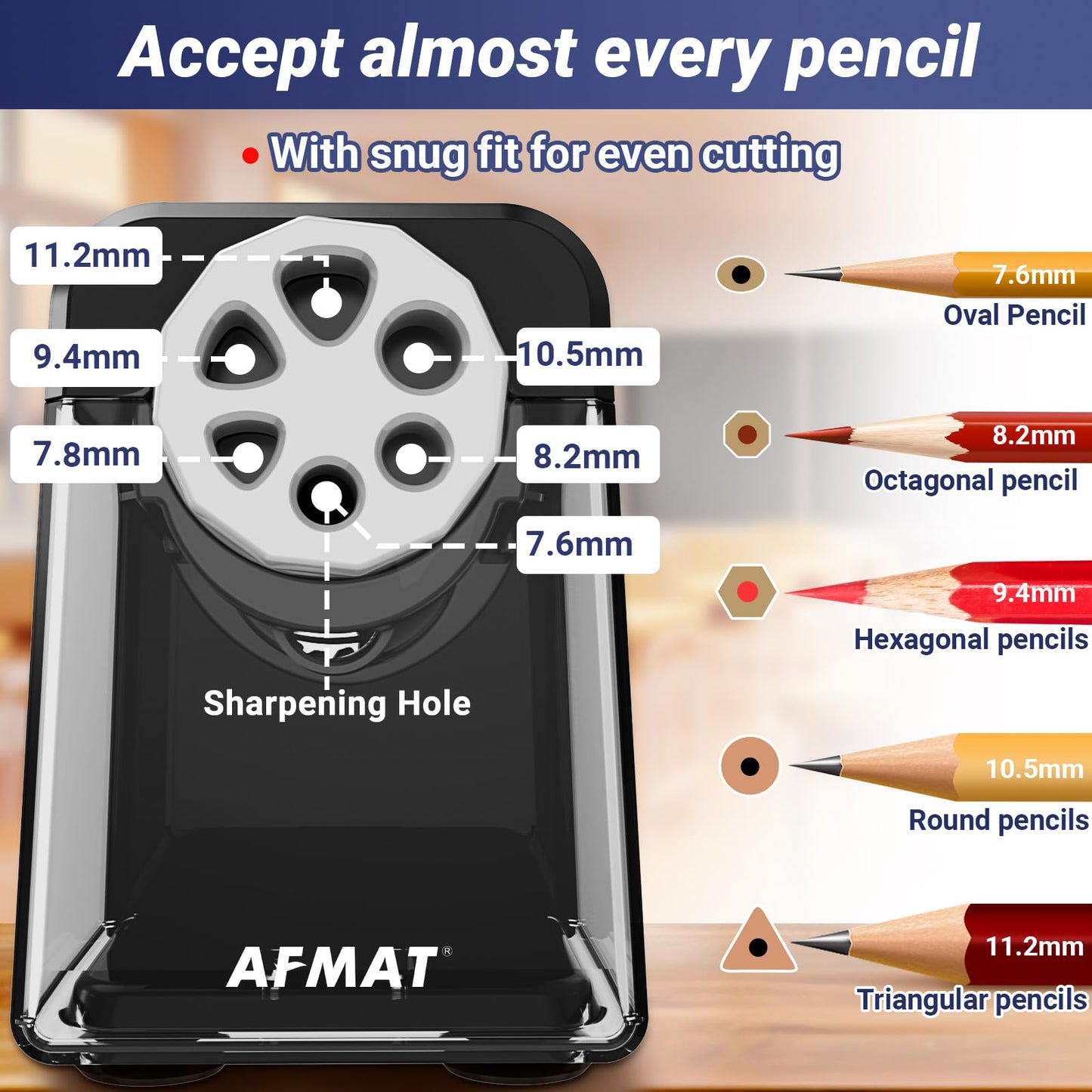 AFMAT Electric Pencil Sharpener Heavy Duty, 6 Holes, Auto Stop Pencil Sharpeners for School, Classroom Electric Sharpener for 6-11mm Pencils, 7000 Sharpening Times, Do not Eat up Colored Pencils, PSX1