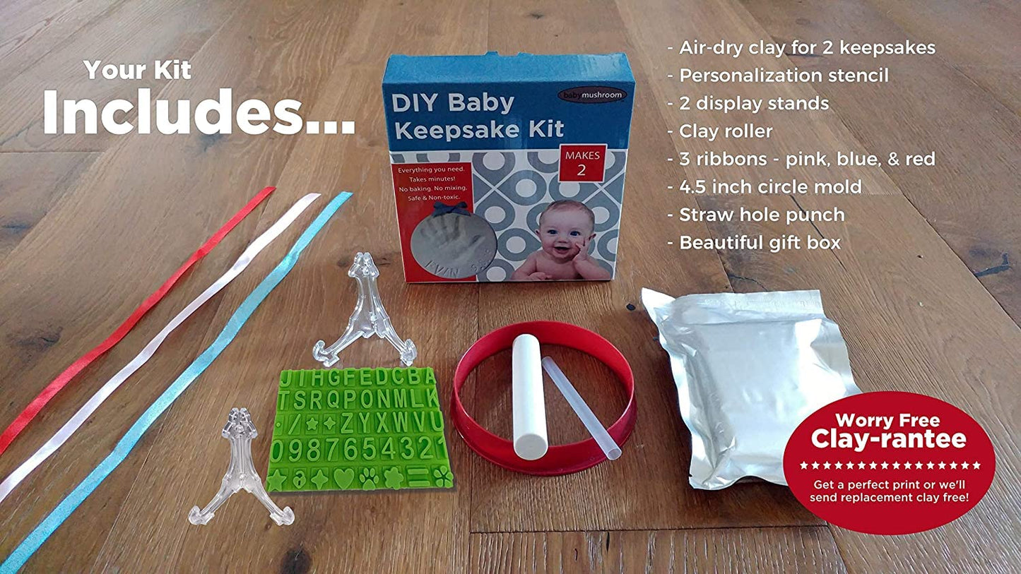 Baby Handprint Footprint Keepsake Ornament Kit (Makes 2) - Bonus Stencil for Personalized Christmas, Newborn, New Mom & Shower Gifts. 2 Easels! Non-Toxic Clay, Air-Dries Light & Soft, Won't Crack.