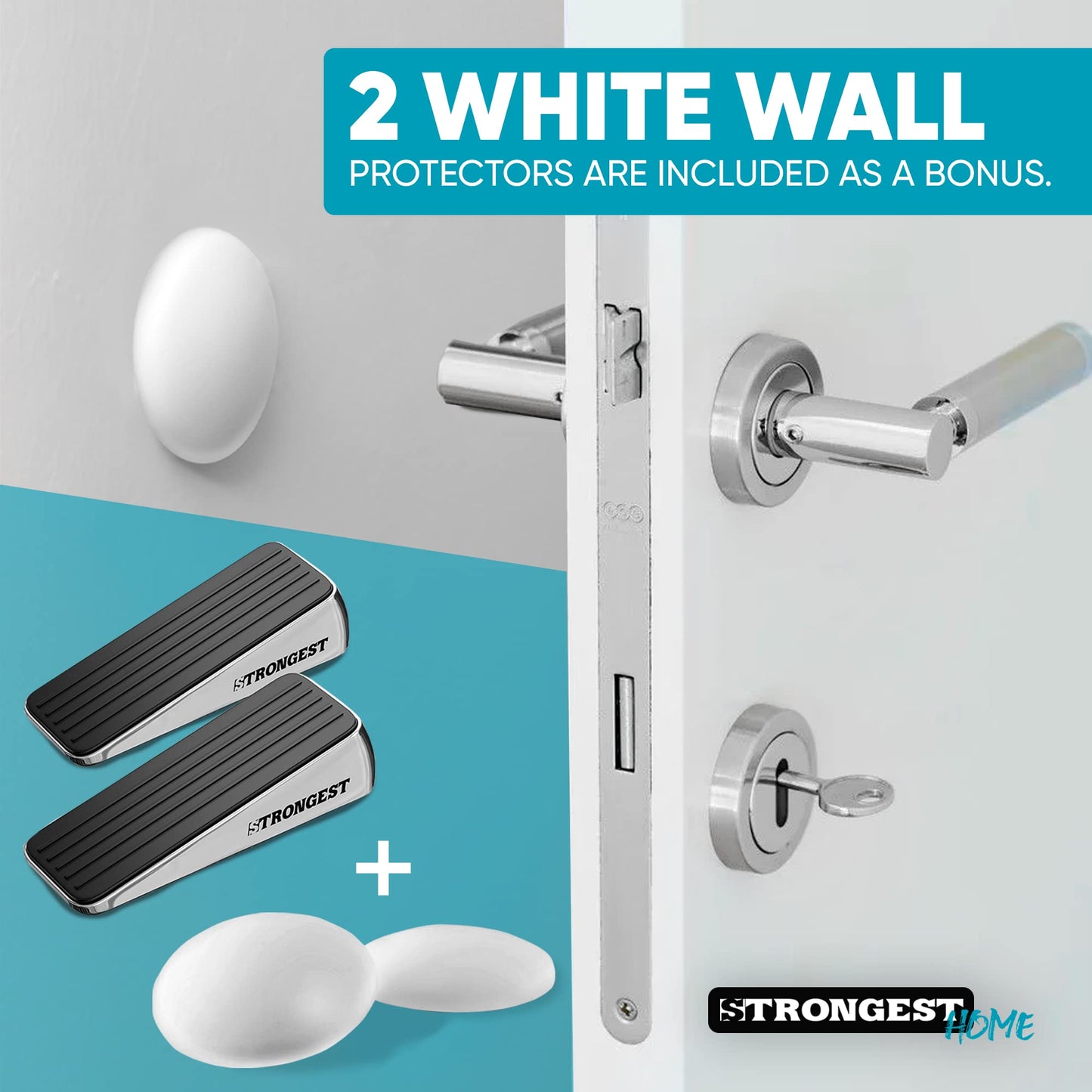 Strongest Home Heavy Duty Door Stopper Wedge (2 Chrome PCs) | Non-Slip Rubber and Metal Door Stop for Heavy Doors| Work on Wood, Tile, Carpet + 2 White Wall Protectors