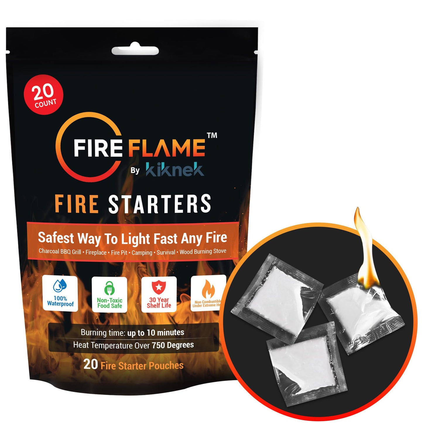 FireFlame Quick Instant Fire Starter -100% Waterproof All-Purpose Indoor & Outdoor FireStarter, for Charcoal Starter, Campfire, Fireplace, Firepit, Smoker - Odorless and Non-Toxic - 20 Pouches in Bag