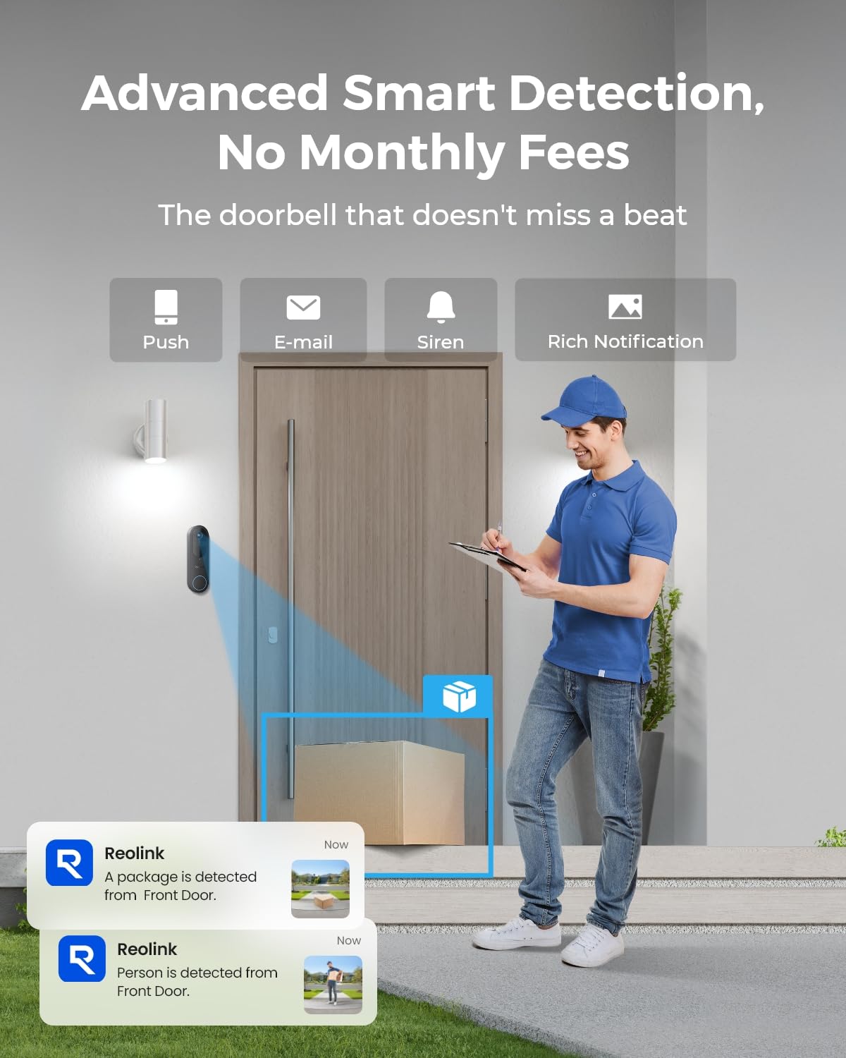 REOLINK Wireless 2K Battery Video Doorbell Camera, 150°x150° Head-to-Toe View, 2.4/5 GHz WiFi, Battery or Wired Power Options, Two-Way Talk, Person/Vehicle/Package Detection(Chime not Included)