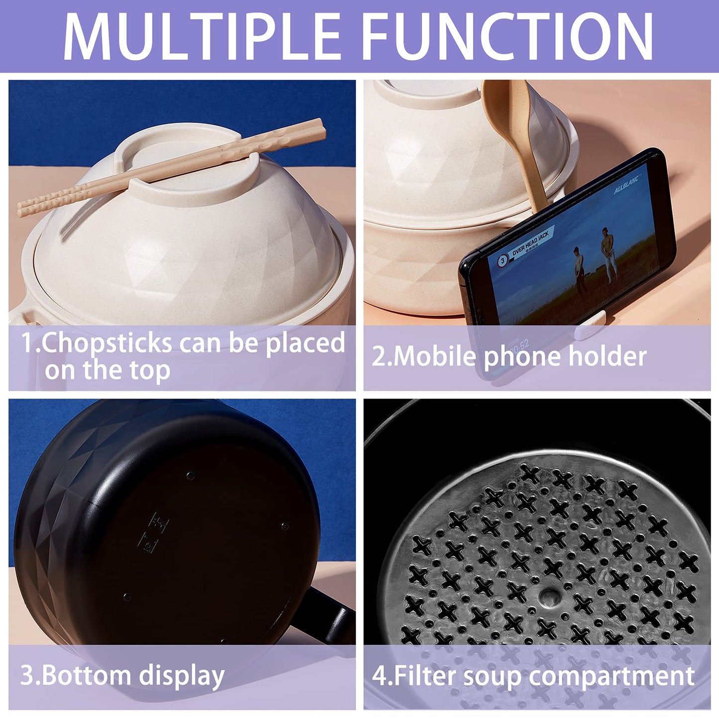 Romooa 2 Sets Microwave Ramen Cooker Bowl Set with Spoon Chopsticks Fork Wheat Fiber Instant Noodle Bowl with Handles Ramen Kit for College Dorm Room Apartment Essentials