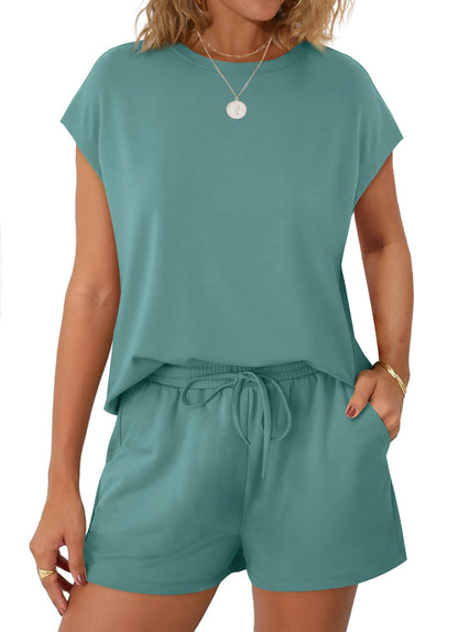 WIHOLL Two Piece Sets for Women Casual Lounge Sets Spring Summer Outfits Matching Clothing Rompers Women Clothing Business Casual Vacation Travel Outfits Crew Neck Tops Tracksuit Grey Blue 2025 M