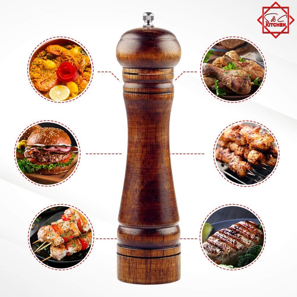 Wooden Pepper Mill or Salt Mill with a cleaning brush - 8 inch tall - Best Pepper or Salt Grinder Wood with a Adjustable Ceramic Rotor and easily refillable - Oak Wood Pepper Grinder for your kitchen