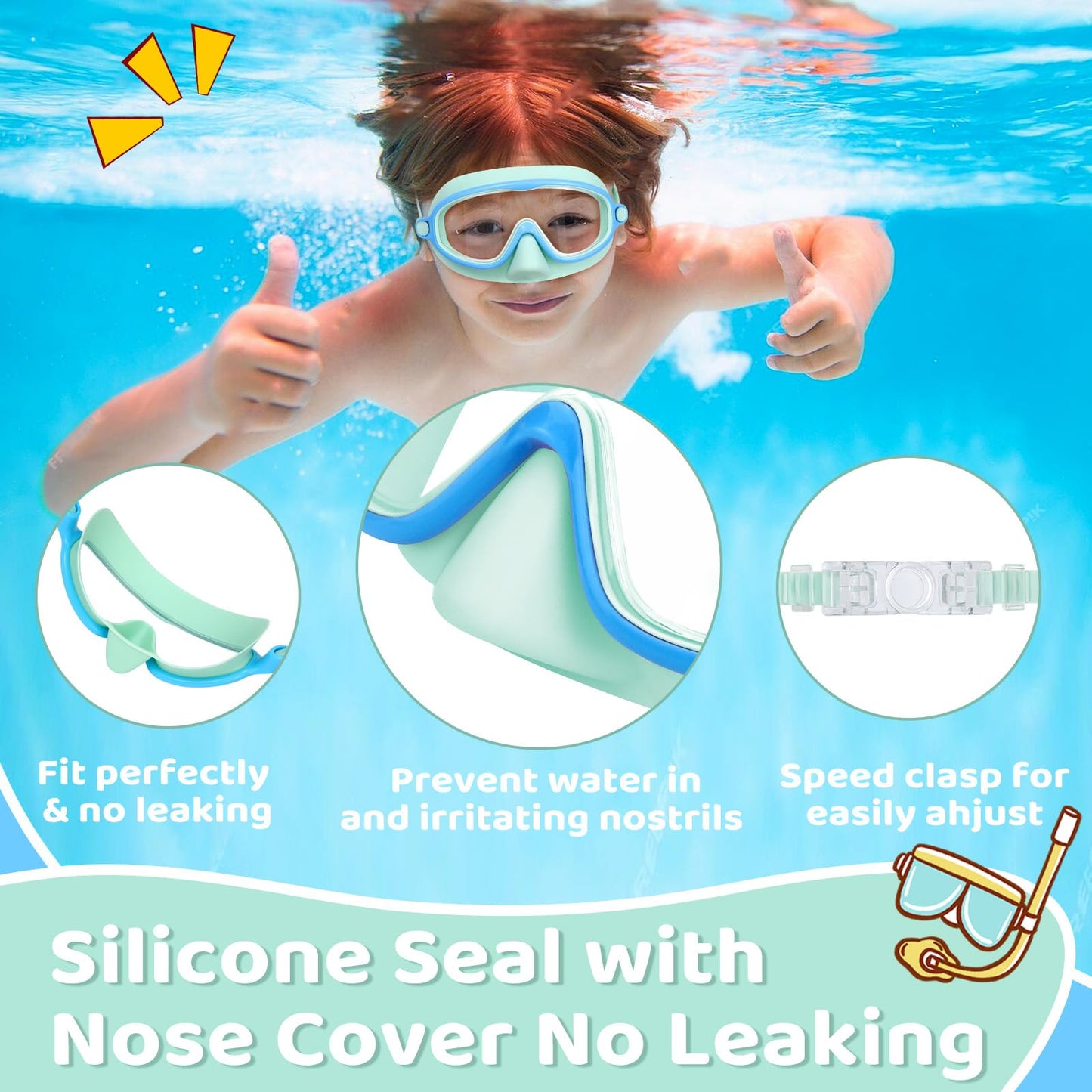 Vvinca 2 Pcs Kids-Swim-Goggles with Nose Cover, Swimming Diving Mask Wide View Anti Fog UV Anti Shattered Lens for Kids 3-5