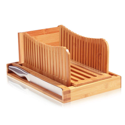BAMBUSI Bread Slicer for Homemade Bread - Bamboo Bread Cutter with Knife, Foldable Slicing Guide, Crumb Tray - Compact Bread Loaf Slicer for Cakes, Bagels, Loaves - Kitchen Gadget, Baking Tool & Gift