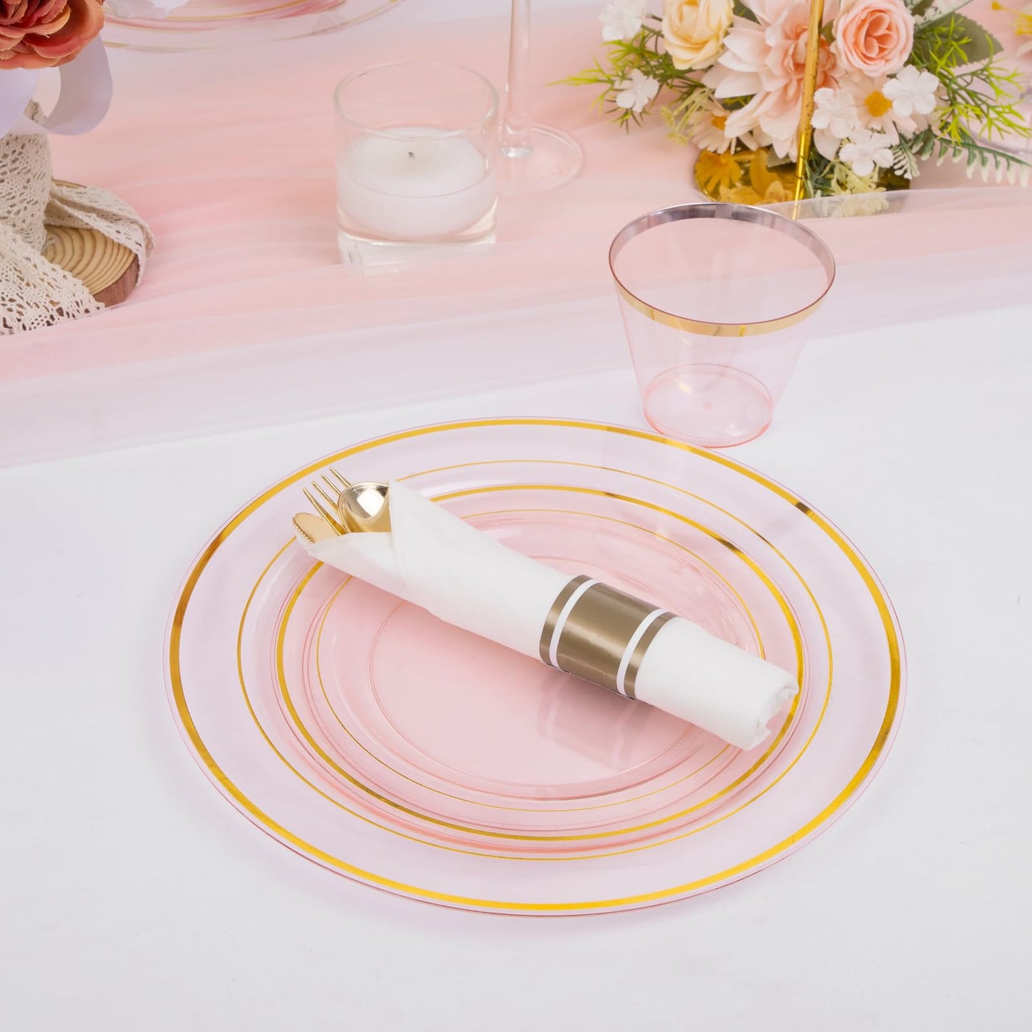 WELLIFE 210Pcs Clear-Pink Plastic Dinnerware- Pink and Gold Plastic Dinnerware include 30 Dinner Plates, 30 Dessert Plates, 90 Gold Silverware, 30 Cups and 30 Napkins Perfect for Parties
