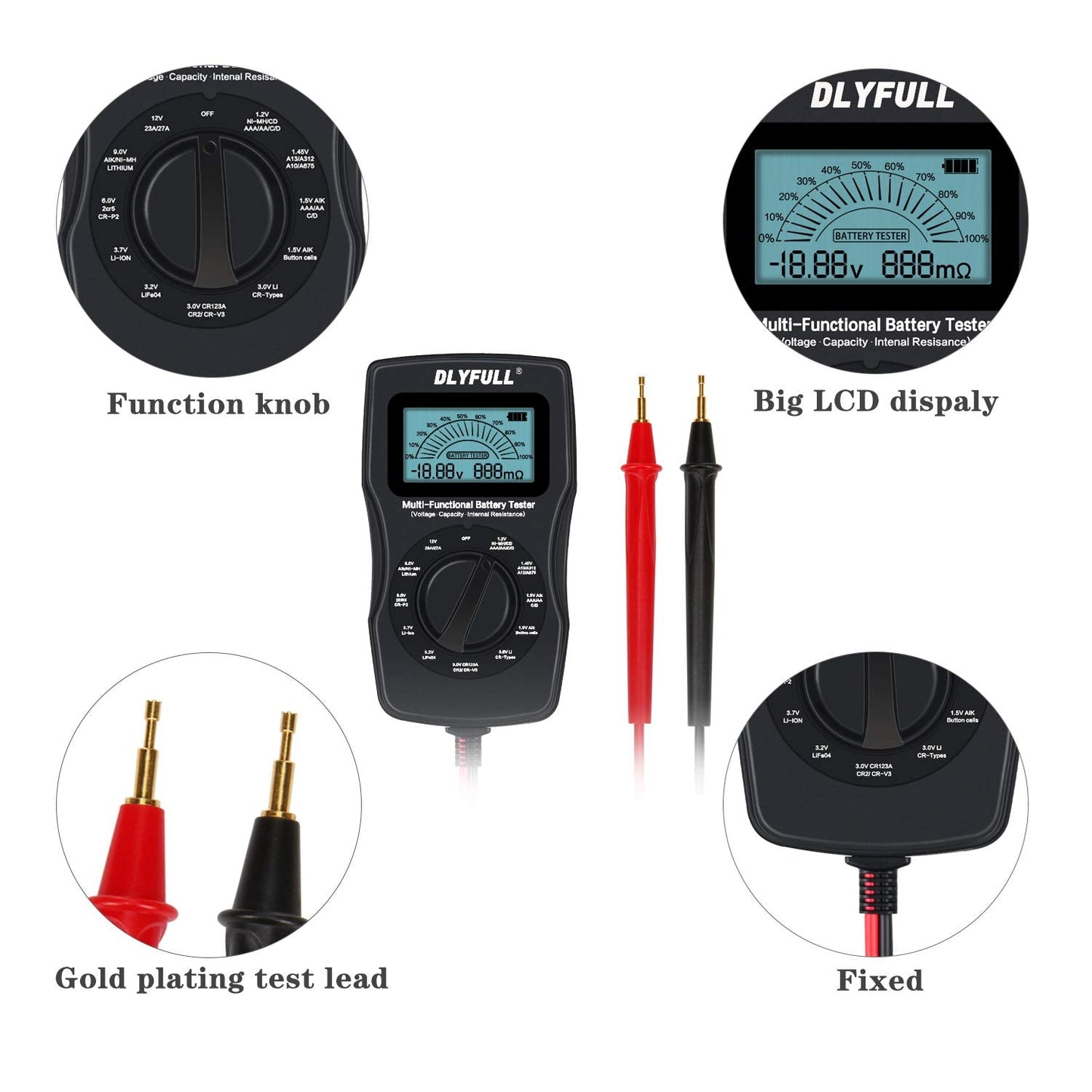 Universal Battery Checker Tester with Leads LCD Display, Battery Capacity Voltage Resistance Tester for AAA AA C D 9V Digital 12V 3.7V Li-ion 18650 CR123A CR2032 Button Cell Batteries More