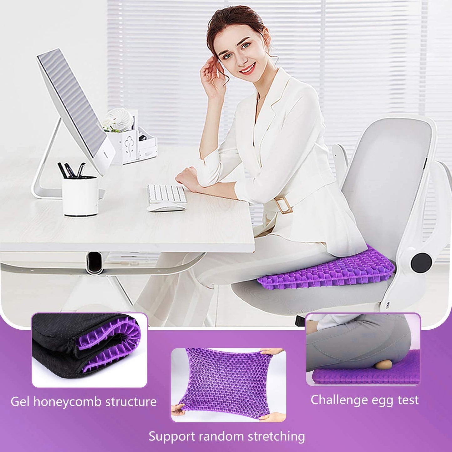 Fzitiy Gel Seat Cushion, for Long Sitting -Double Thick Gel Seat Cushion Breathable Honeycomb Chair Cushion with Non-Slip Cover for Office Chair Car, Wheelchair, Long Trips,Relief Sciatica Pain