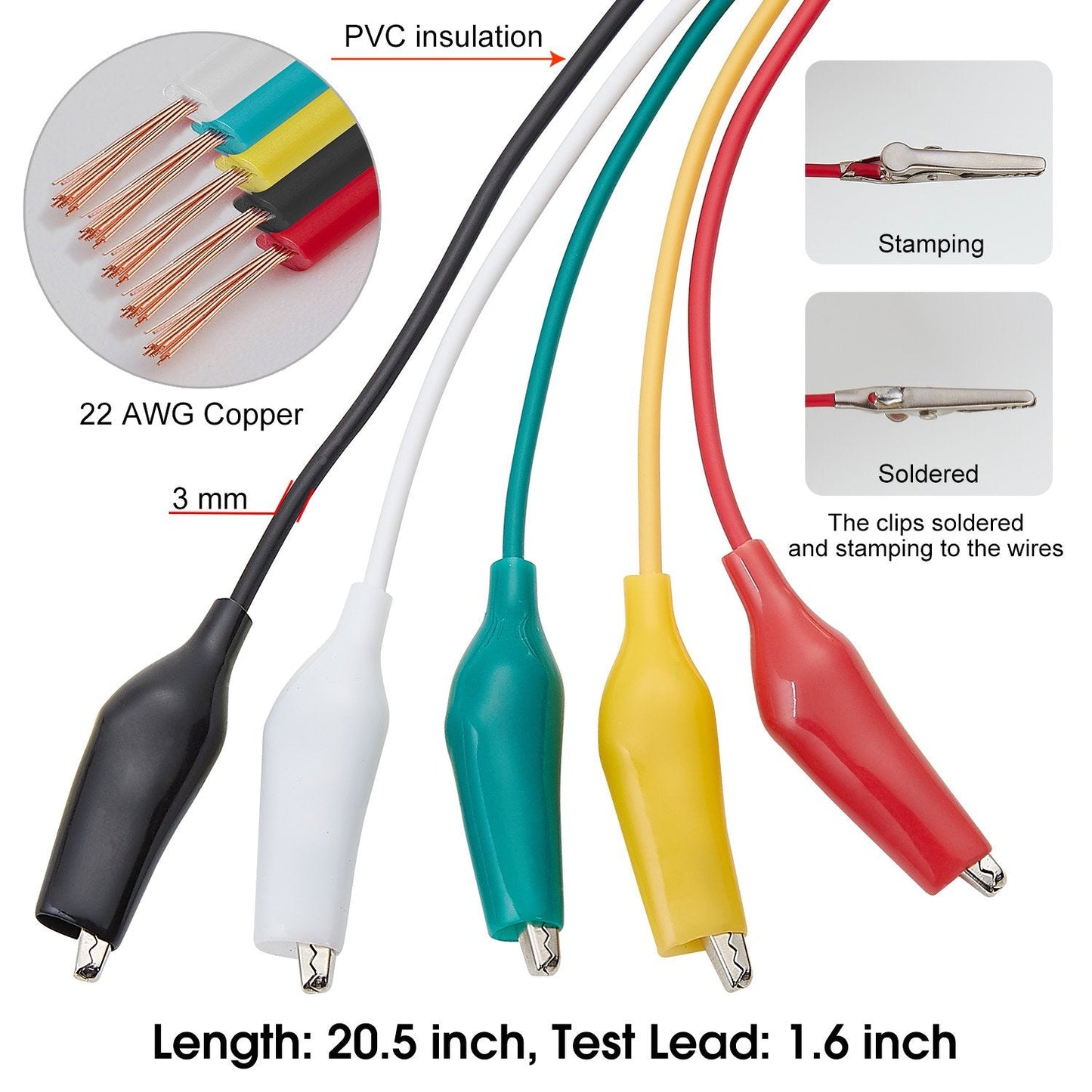 WGGE WG-026 10 Pieces and 5 Colors Test Lead Set & Alligator Clips,20.5 inches / 22 AWG Copper Wire. The Clips soldered and Stamped to The Wires. (1 Pack)